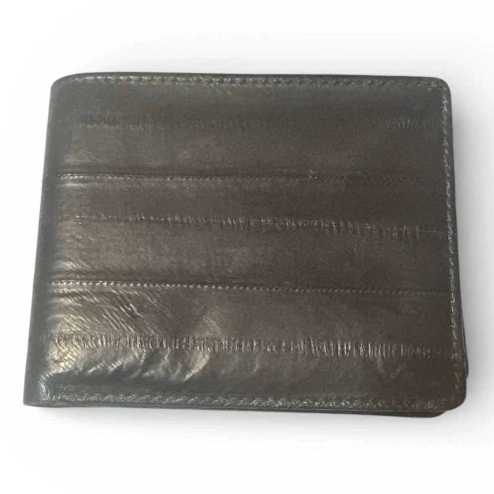 Genuine Eel Skin Vintage Men’s Brown Bi Fold Wallet Luxury Exotic Card Holder